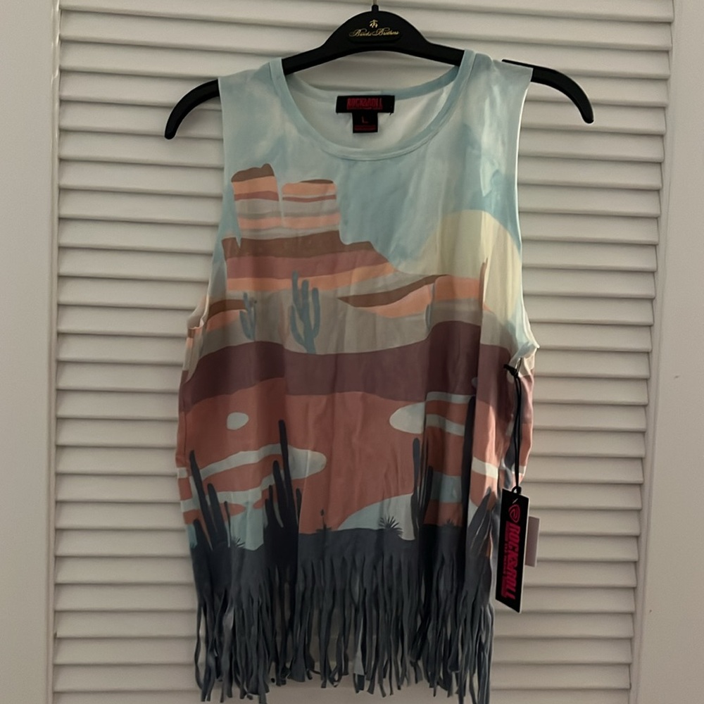 NWT Rock & Roll Denim Desert Scene Fringe Tank Top